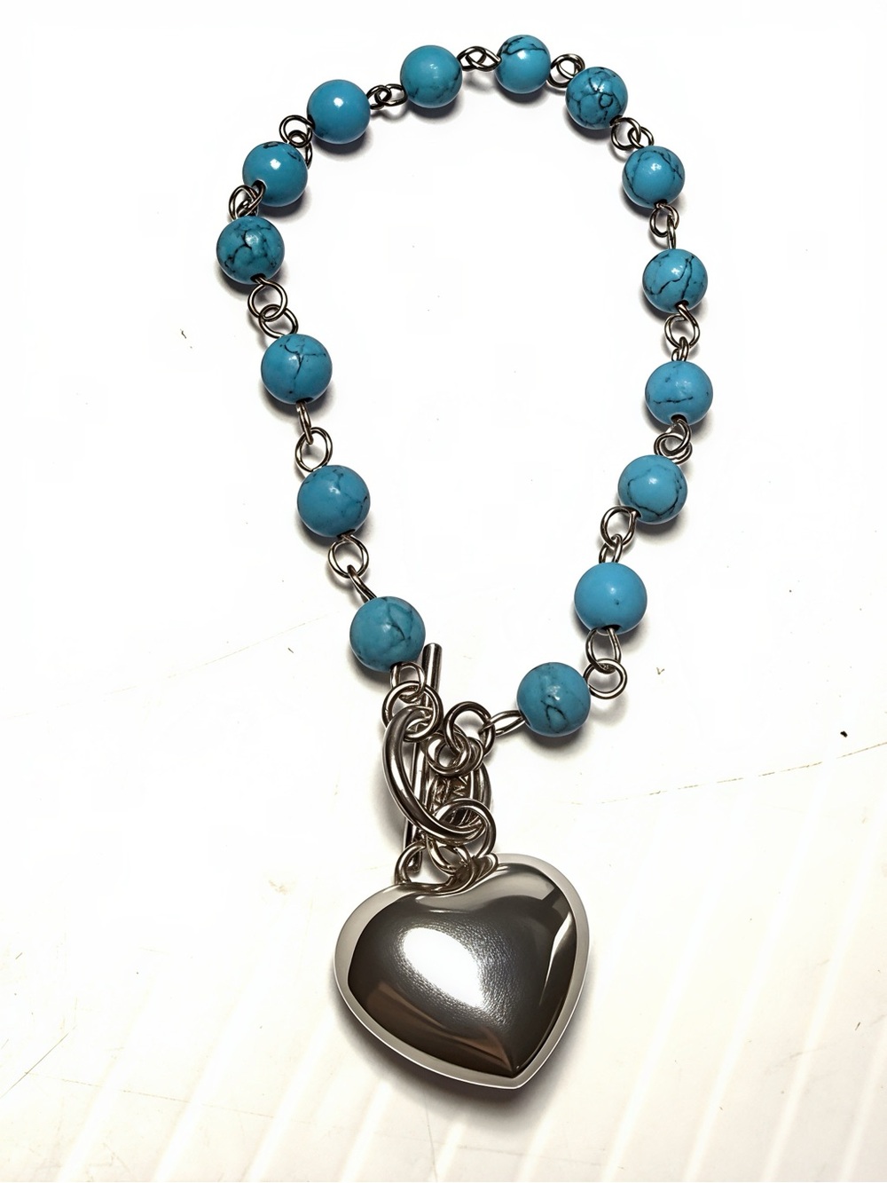 Turquoise & Sterling Silver Bead Heart Pendant Bracelet